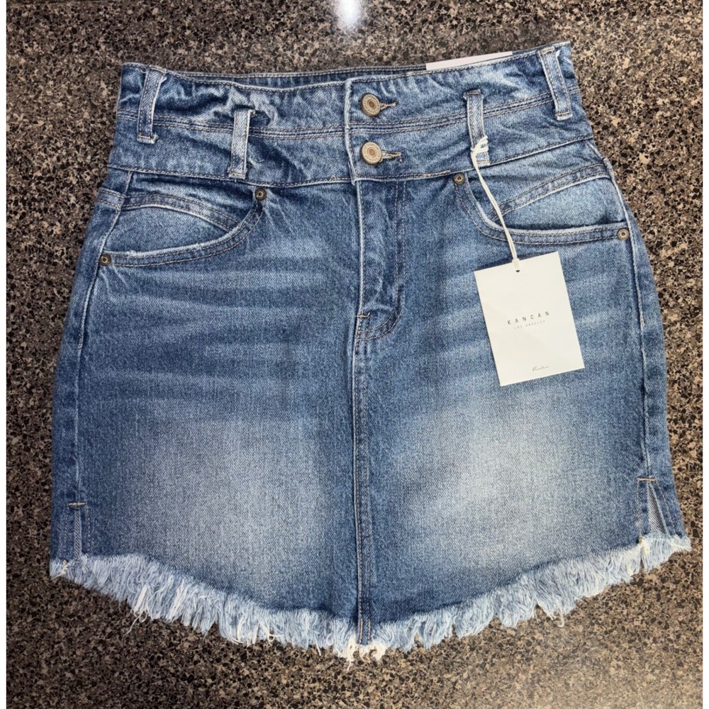 KanCan Women Medium Wash High Rise Raw Hem Denim Mini Skirt KC7352M Size M‎ NEW